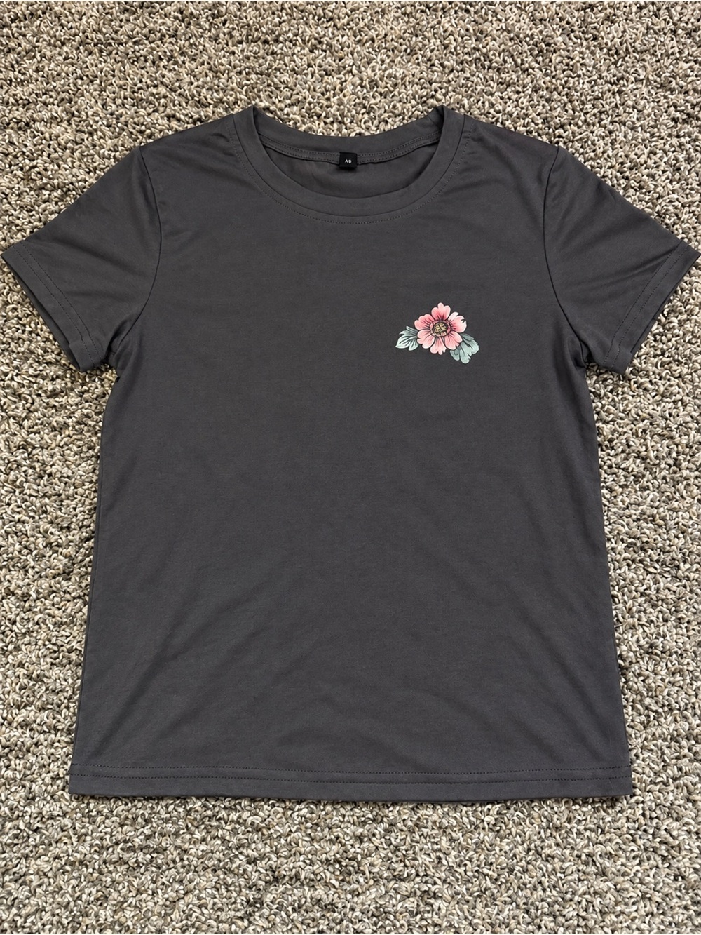SHEIN Dark Gray Tee with Pink Floral Patch